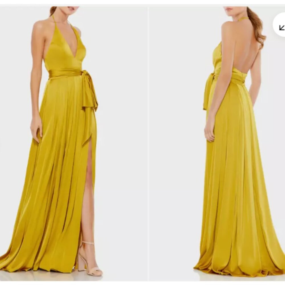 MAC DUGGAL 26531 CHARMEUSE HALTER STRAP SOFT TIE WAIST CHARTREUSE GOWN sz 6